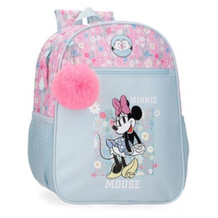 Mochila Minnie Happy policaracteres florales y pompón decorativo